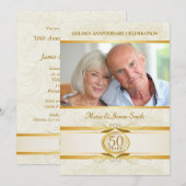 ゴールド＆アイボリー ダマスク 50周年 誕生日 招待状 (正面/裏面)