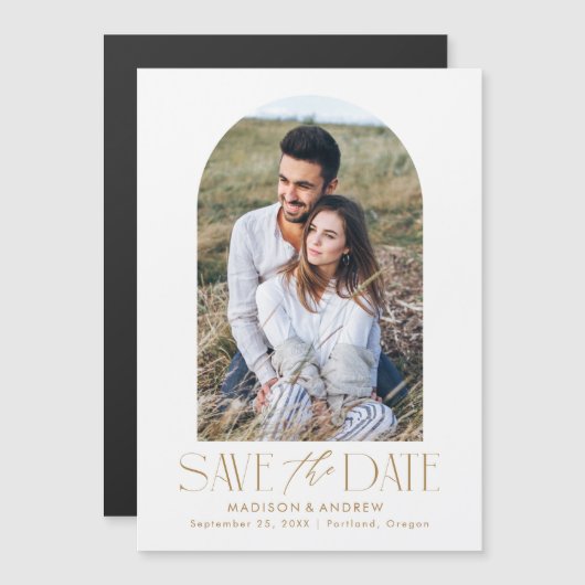 ゴールド |アシンプルモダンルチ写真の日付を保存 マグネット招待状 (正面/裏面)