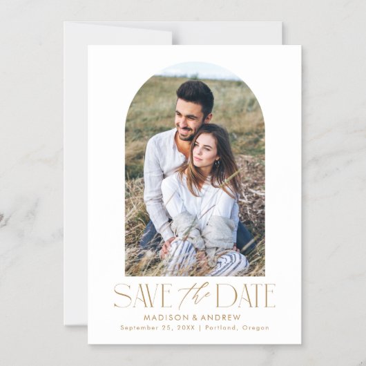 ゴールド |アシンプルモダンルチ写真の日付を保存 マグネット招待状 (正面)