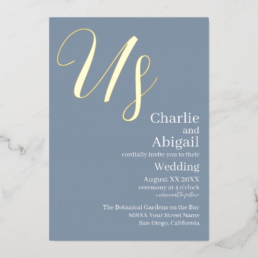 ゴールド アメリカ 現代 エレガント 結婚式 ダスティーブルー 箔招待状 (正面)
