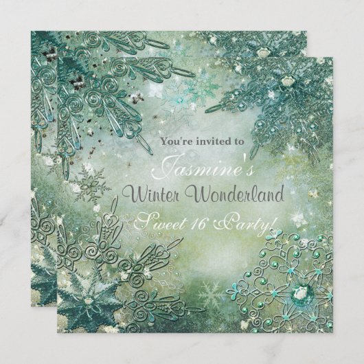 ゴールド ウィンター ワンダーランド 雪の結晶 招待状 (正面/裏面)