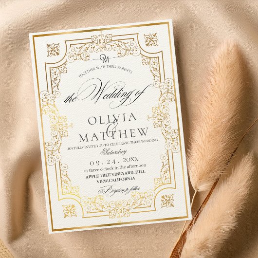 ゴールド＆エメラルドグリーンのスクリプト結婚式招待状 招待状