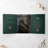 ゴールド エメラルドグリーン 写真 結婚式 RSVP 詳細 QR 三つ折り招待状 (内部)