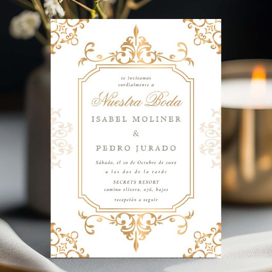 ゴールド エレガント オーナメント ビンテージ Nuestra Boda ウェディング 招待状