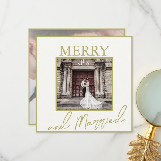 ゴールド エレガント クリスマス 結婚 2枚の写真 サンキューカード (正面/裏面インサイチュ)