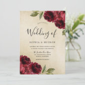 ゴールド エレガント バーガンディ 赤花 ウェディング 招待状 (スタンド正面)
