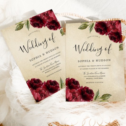 ゴールド エレガント バーガンディ 赤花 ウェディング 招待状