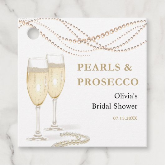 ゴールド エレガント パールとプロセッコ ブライダルシャワー フェイバータグ (正面)