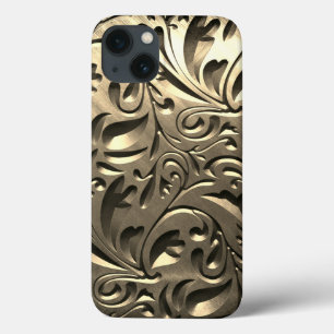 ゴールド エレガント 彫刻されたメタリックな美しい花の抽象 iPhone 13ケース