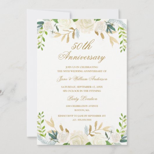 ゴールド エレガント 水彩 フラワー ウェディング アニバーサリー 招待状 (正面)