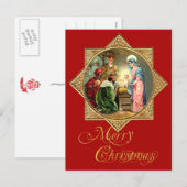 ゴールド・エンボス加工の星の中のキリストの降誕図 シーズンポストカード (正面/裏面)