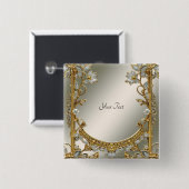 ゴールド オルネイト ホワイト フローラル ボタン 缶バッジ (正面&裏面)