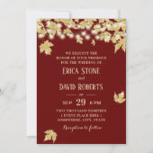 ゴールド オータムリーブス バーガンディ レッド フォール ウェディング 招待状 (正面)