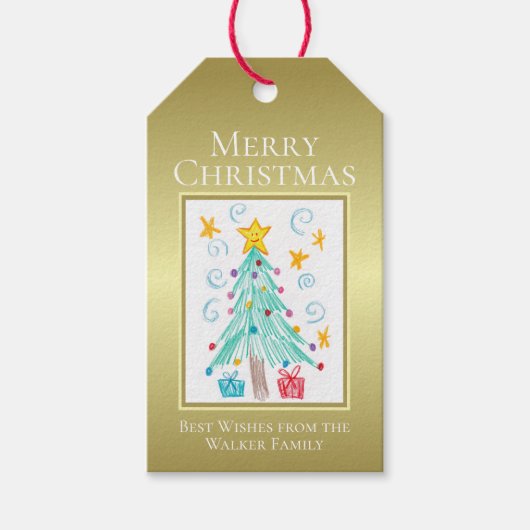 ゴールド オーダーメイド 子供の絵 メリークリスマス ギフトタグ (正面)
