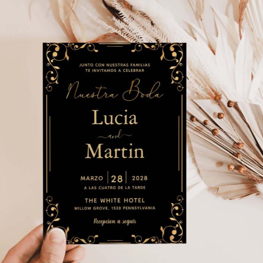 ゴールド オーナメント コーナー ブラック スペイン語 私たちの結婚式 招待状