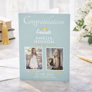 ゴールド オーナメント 卒業生 2 枚の写真 卒業おめでとう, エレガントなゴールドの装飾 バーガン カード