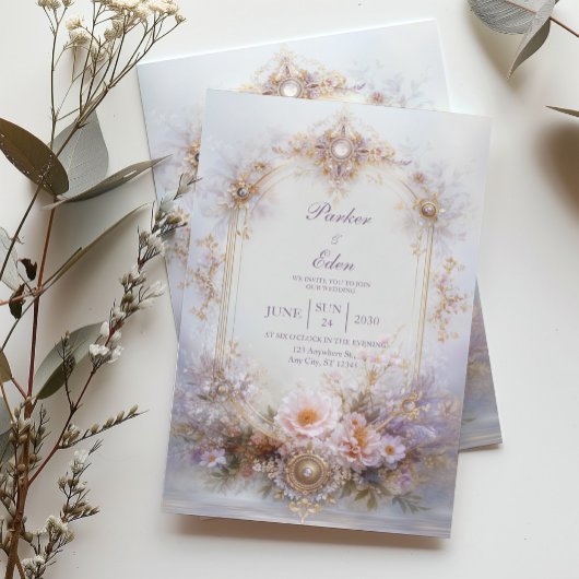 ゴールド オーバル フレーム ブラッシュ フローラル ジュエル エレガント ウェディング 招待状