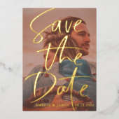 ゴールド カリグラフィー 写真付き Save the Date 箔招待状 (正面)
