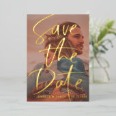 ゴールド カリグラフィー 写真付き Save the Date 箔招待状 (立ち正面)