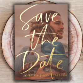 ゴールド カリグラフィー 写真付き Save the Date 箔招待状
