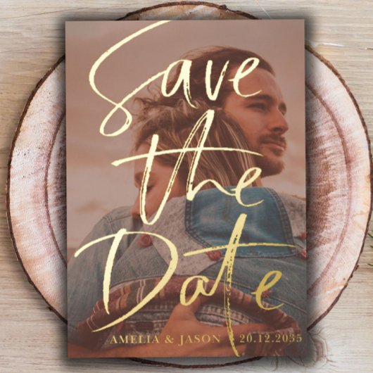 ゴールド カリグラフィー 写真付き Save the Date 箔招待状