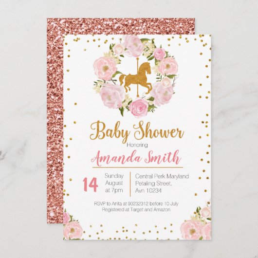 ゴールド カルーセル ベビーシャワー 招待状 (正面/裏面)