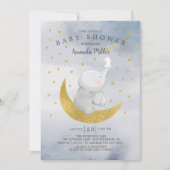 ゴールド キャッチ ア スター バニー エレファント ベイビー ボーイ シャワー 招待状 (正面)