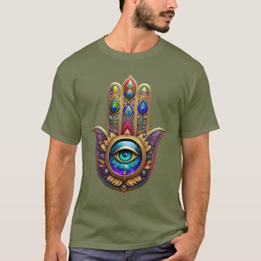 ゴールド・クジャクの色彩ハムサグリーンサファイア第三の眼 Tシャツ (正面)