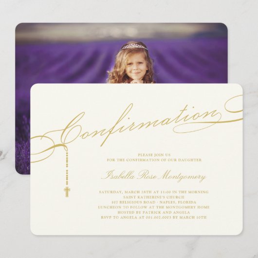 ゴールド クラシック スクリプト ロザリオ 確認 宗教 招待状 (正面/裏面)