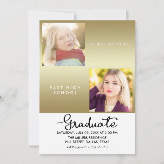 ゴールド グラデュエート モダン ツー フォト 招待状 (正面)