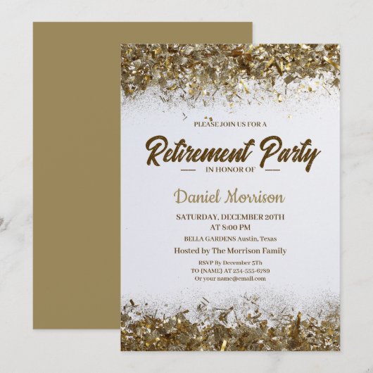 ゴールド グリッター コンフェッティ リタイアメント パーティー 2026 招待状 (正面/裏面)