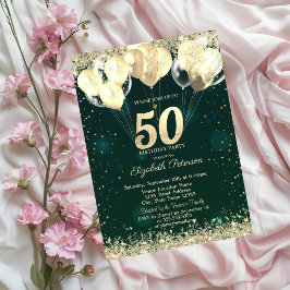 ゴールド グリッター コンフェティ バルーン グリーン 50歳の誕生日 招待状