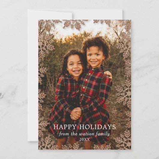 ゴールド グリッター スノーフレーク ボーダー ホリデー カード (正面)