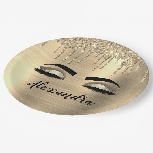 ゴールド グリッター スパークル まつげ モノグラム 名前 ペーパープレート (アングル)