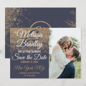 ゴールド グリッター スパークル ネイビーブルー サンキューカード 招待状 (正面/裏面)