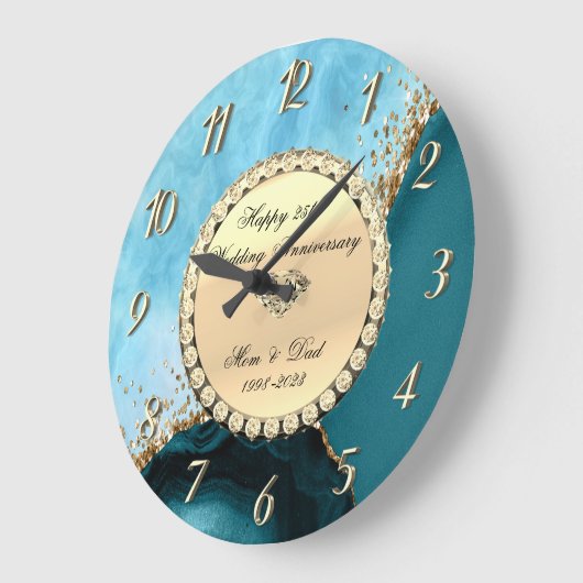 ゴールド グリッター ターコイズ マーブル 25周年 結婚 ラージ壁時計 (傾斜)