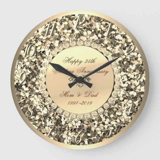 ゴールド グリッター ダイヤモンド 25周年 結婚記念日 ラージ壁時計 (正面)