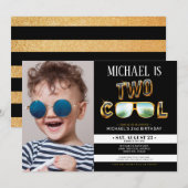 ゴールド グリッター ツー クール パーティー バースデー フォト 招待状 (正面/裏面)