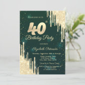 ゴールド グリッター ドリップス グリーン 40歳の誕生日 招待状 (スタンド正面)