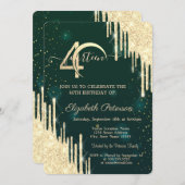 ゴールド グリッター ドリップス グリーン 40歳の誕生日 招待状 (正面/裏面)