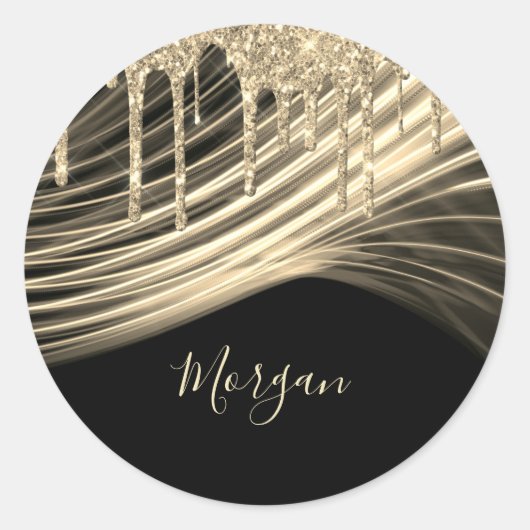 ゴールド グリッター ドリップス ゴールド ライト レイズ ゴールド ネーム ブラック ラウンドシール (正面)