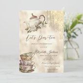 ゴールド グリッター ドリップス ティーセット ブライダルシャワー 招待状 (スタンド正面)