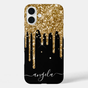 ゴールド グリッター ドリップス ブラック グラム シグネチャー iPhone 16 PLUSケース