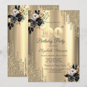 ゴールド グリッター ドリップス ブラック ローズ 100歳の誕生日 招待状 (正面/裏面)