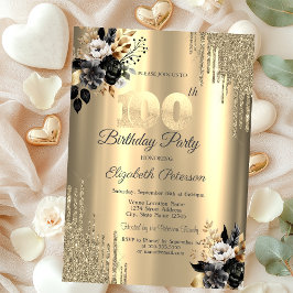 ゴールド グリッター ドリップス ブラック ローズ 100歳の誕生日 招待状