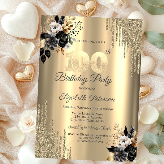 ゴールド グリッター ドリップス ブラック ローズ 100歳の誕生日 招待状