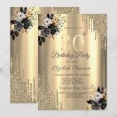 ゴールド グリッター ドリップス ブラック ローズ 30歳の誕生日 招待状 (正面/裏面)