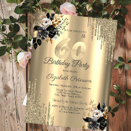 ゴールド グリッター ドリップス ブラック ローズ 60歳の誕生日 招待状