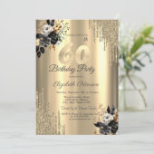 ゴールド グリッター ドリップス ブラック ローズ 60歳の誕生日 招待状 (スタンド正面)