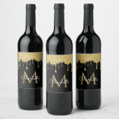 ゴールド グリッター ドリップス モノグラム エレガント スクリプト ワインラベル (ボトル)